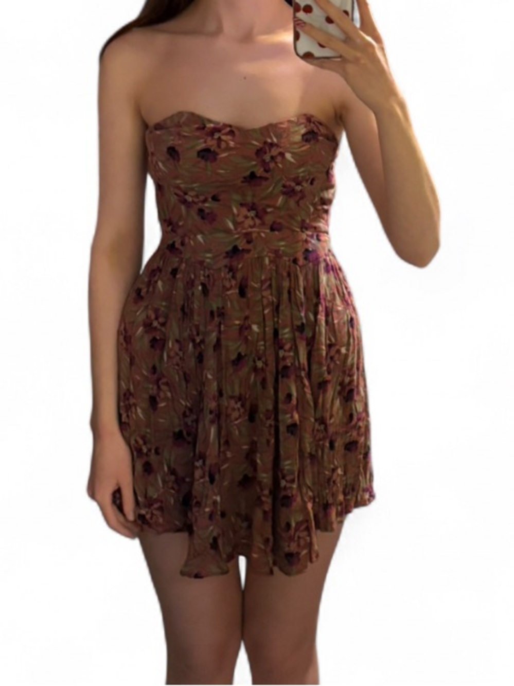 Kimchi Blue Strapless Floral Mini Dress in Brown and Pink